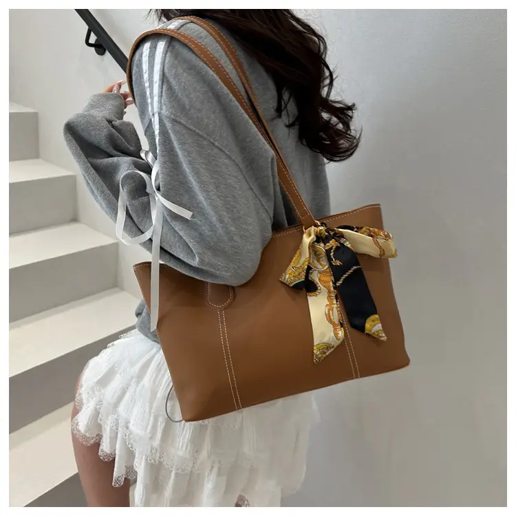 Brown Leather Tote Bag with Silk Bow Accord — feature 20