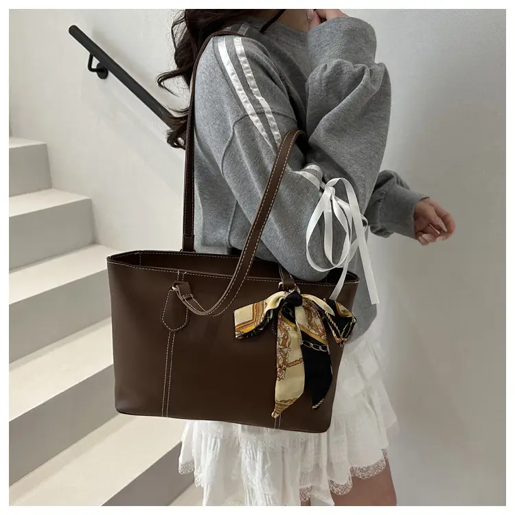 Brown Leather Tote Bag with Silk Bow Accord — feature 25