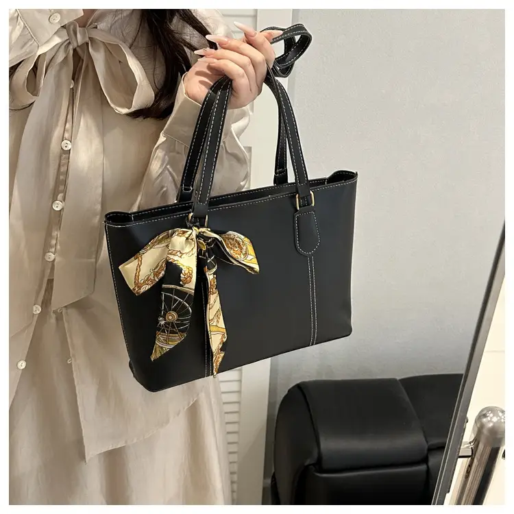Brown Leather Tote Bag with Silk Bow Accord — feature 26
