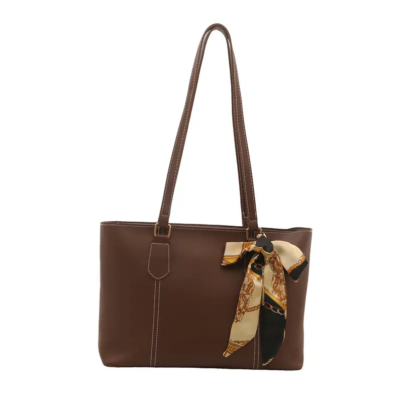 Brown Leather Tote Bag with Silk Bow Accord - Image 2