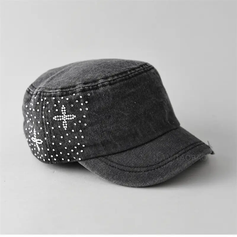 Women Denim Rhinestone Flat Cap Spring Summer