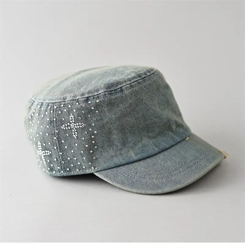 Women Denim Rhinestone Flat Cap Spring Summer
