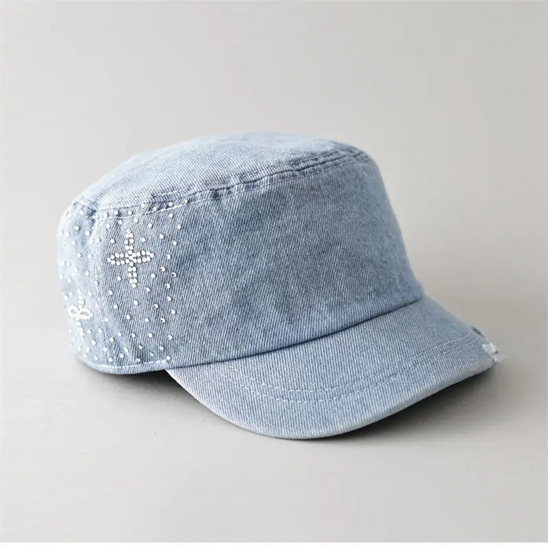 Women Denim Rhinestone Flat Cap Spring Summer