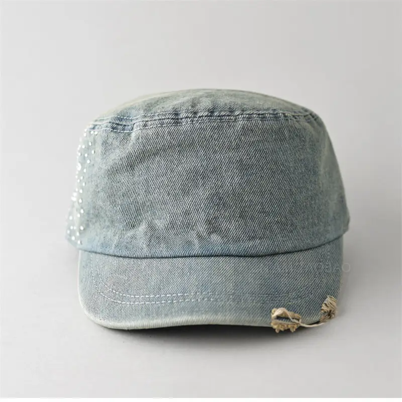 Women Denim Rhinestone Flat Cap Spring Summer