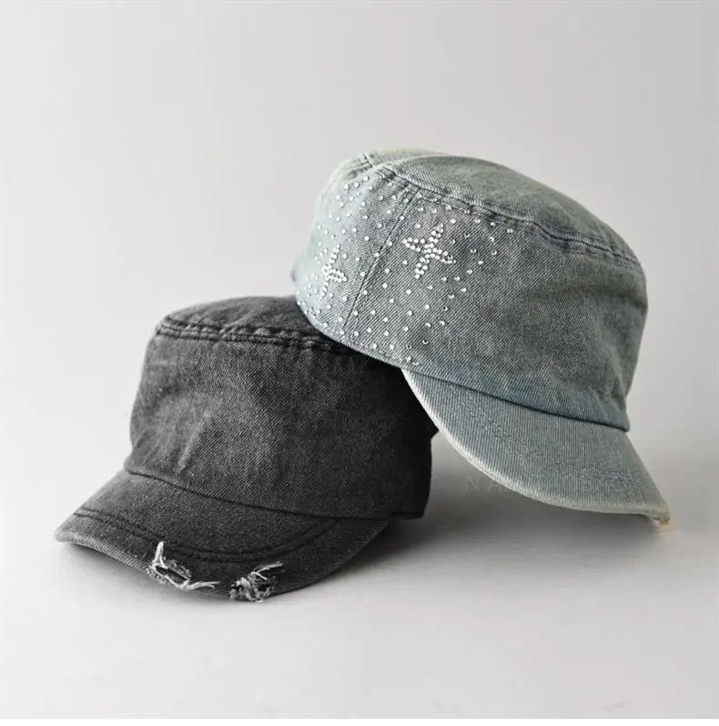 Women Denim Rhinestone Flat Cap Spring Summer — feature 12