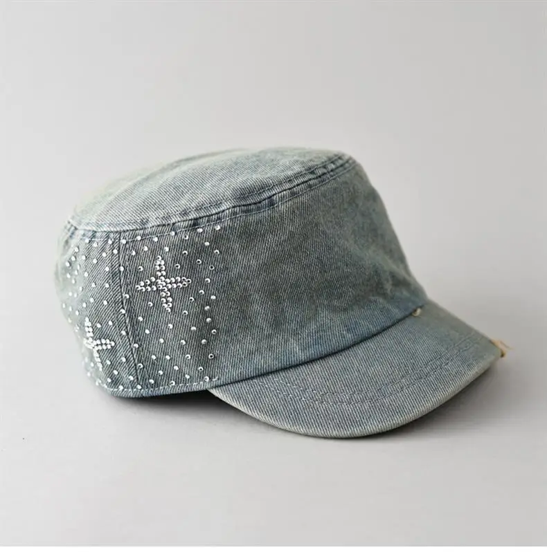 Women Denim Rhinestone Flat Cap Spring Summer — feature 3