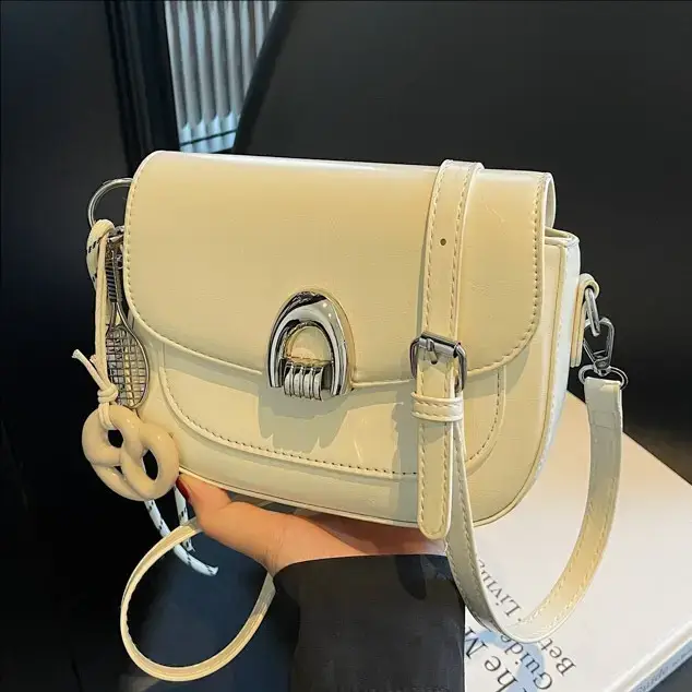Women's Light Brown Square Shoulder Bag with Keychain - Image 6