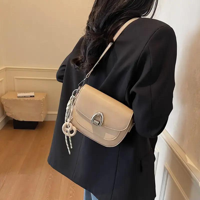 Women's Light Brown Square Shoulder Bag with Keychain - Image 7