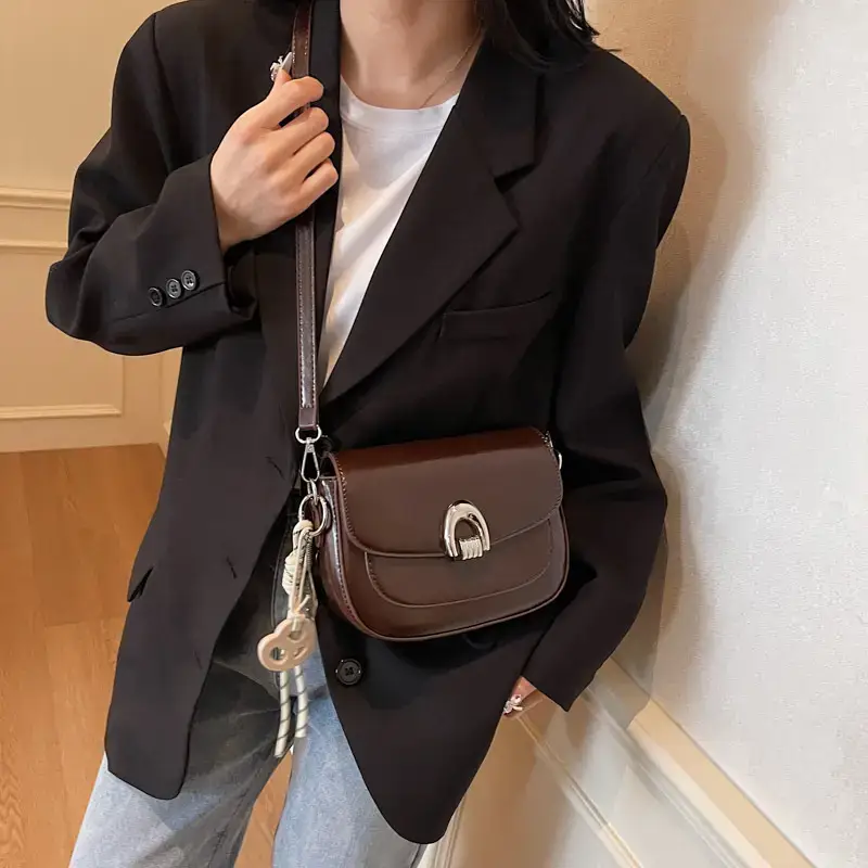 Women's Light Brown Square Shoulder Bag with Keychain - Image 8