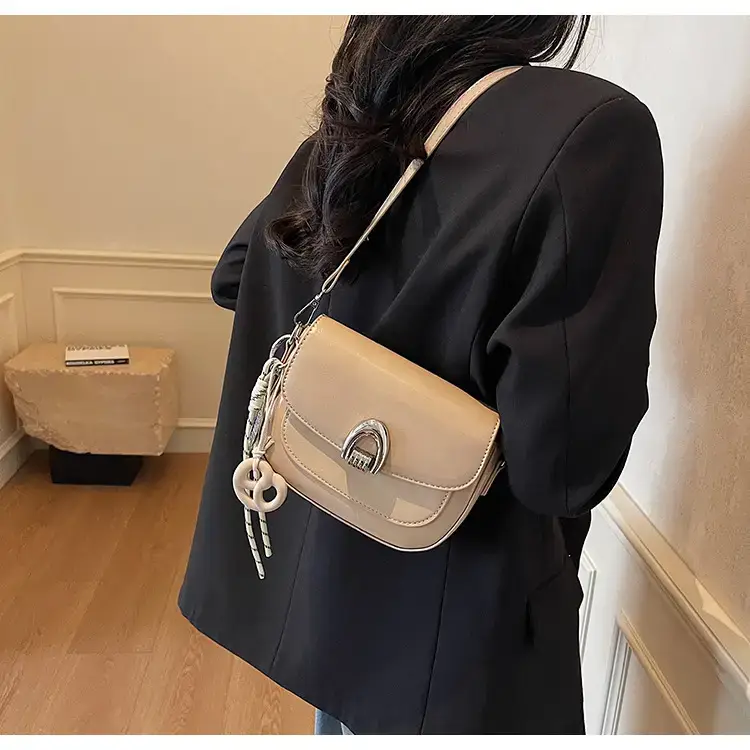 Women's Light Brown Square Shoulder Bag with Keychain — feature 28