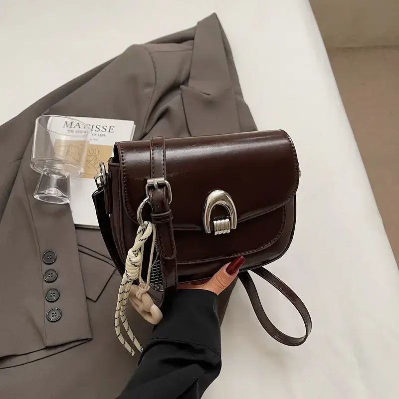 Women's Light Brown Square Shoulder Bag with Keychain - Image 3