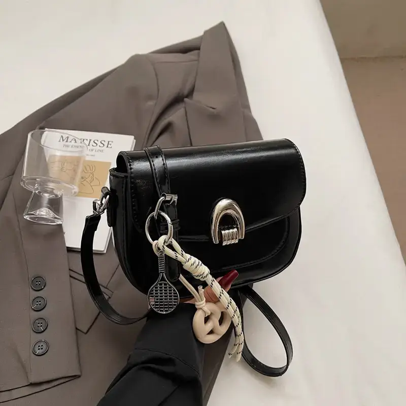 Women's Light Brown Square Shoulder Bag with Keychain - Image 4