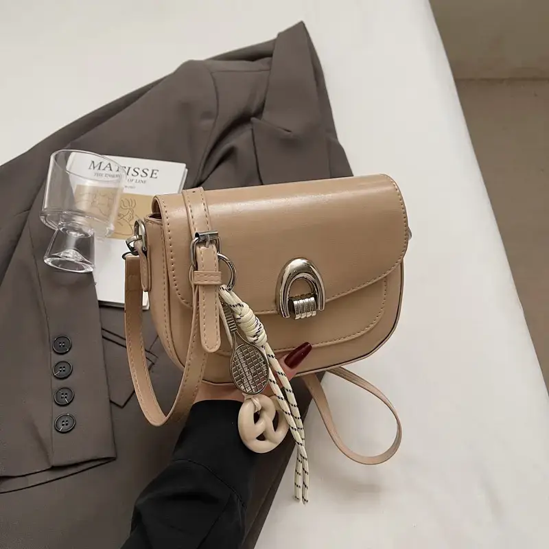 Women's Light Brown Square Shoulder Bag with Keychain - Image 5