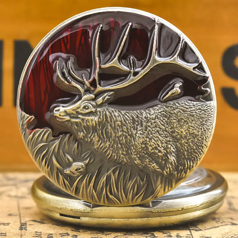 3D Bronze Deer Necklace Pocket Watch Chain