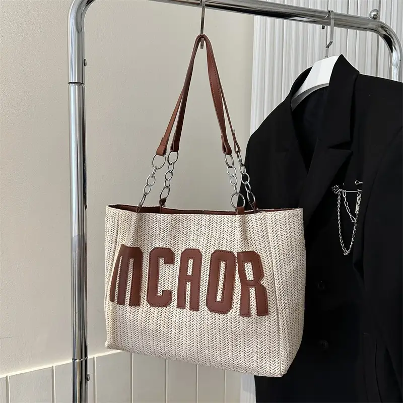 Woven Letter Shoulder Bag with Chain Strap - Image 5