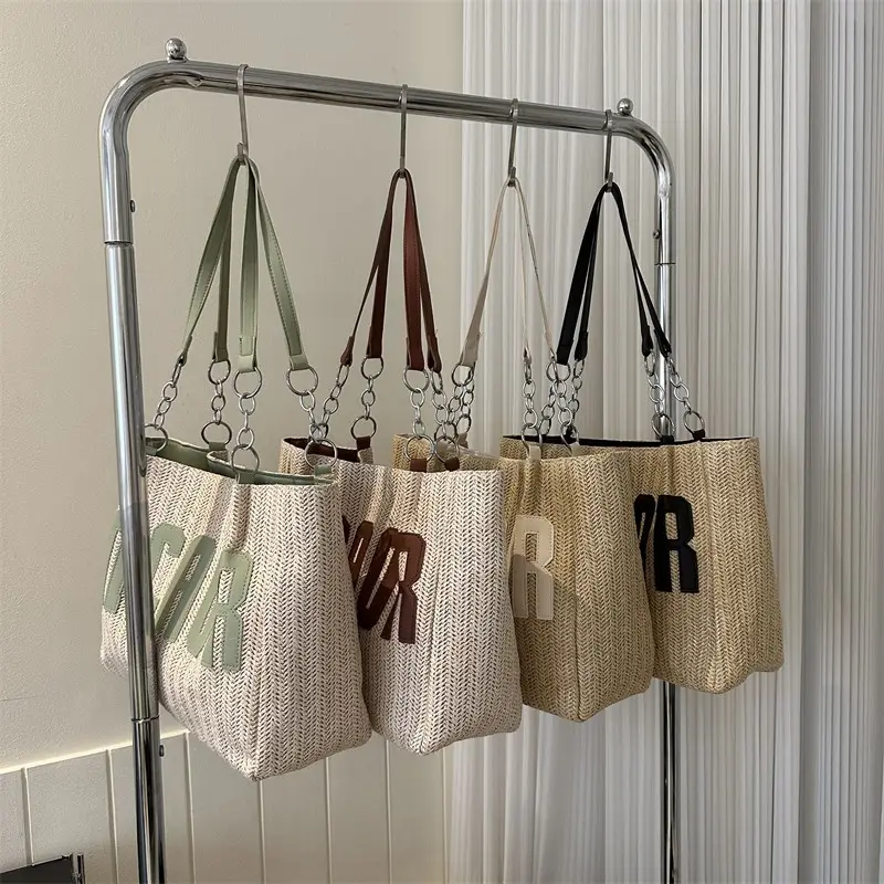 Woven Letter Shoulder Bag with Chain Strap - Image 6
