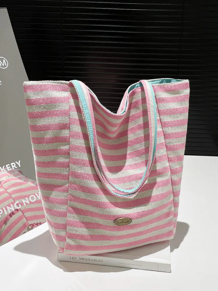 Pink Striped Women's Shoulder Bag with Blue Trim - Image 7