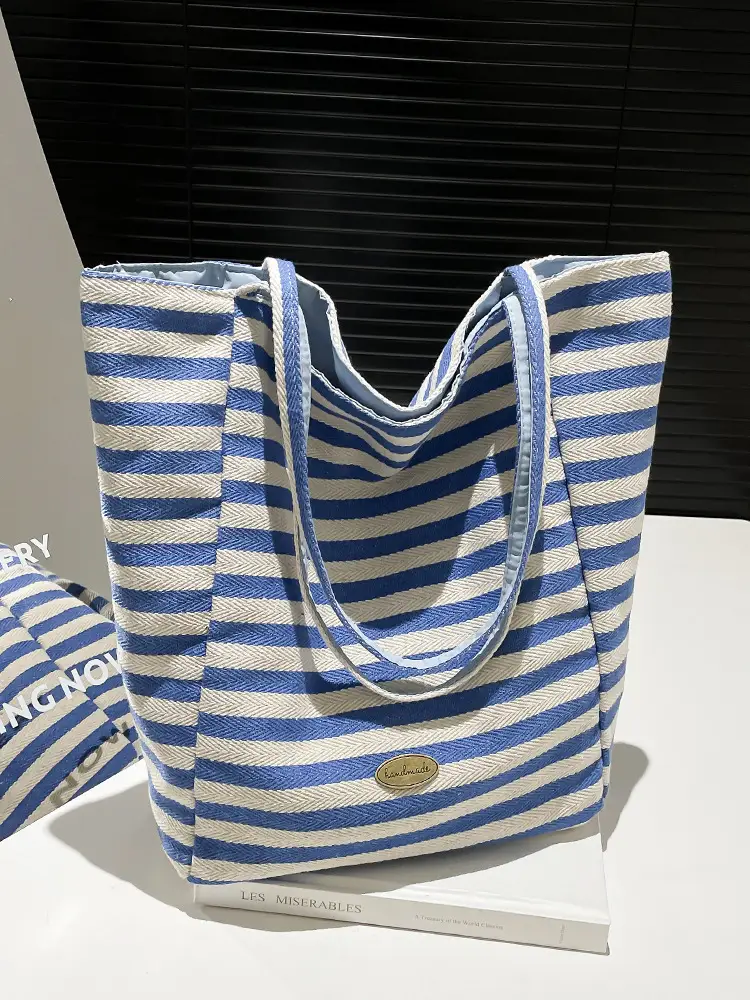Pink Striped Women's Shoulder Bag with Blue Trim - Image 8