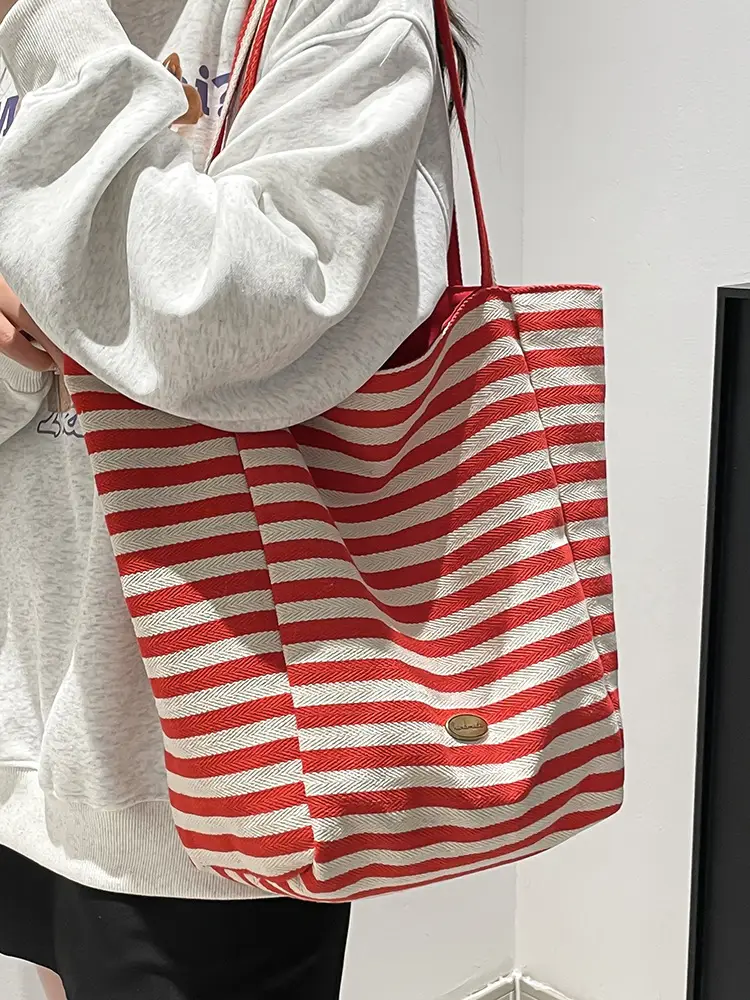 Pink Striped Women's Shoulder Bag with Blue Trim - Image 10
