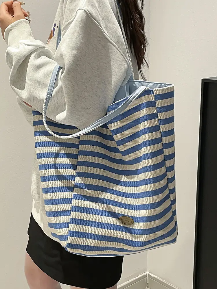 Pink Striped Women's Shoulder Bag with Blue Trim - Image 11