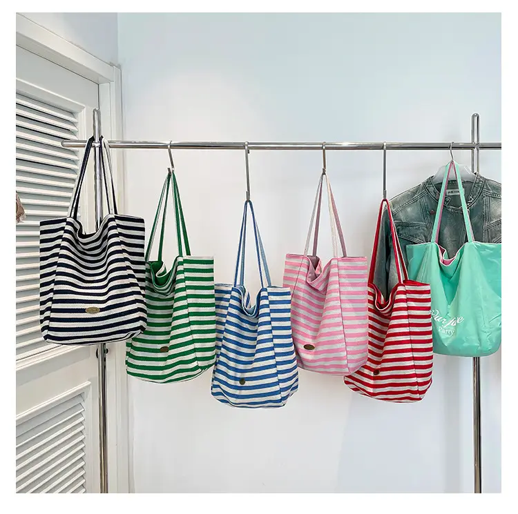 Pink Striped Women's Shoulder Bag with Blue Trim — feature 11