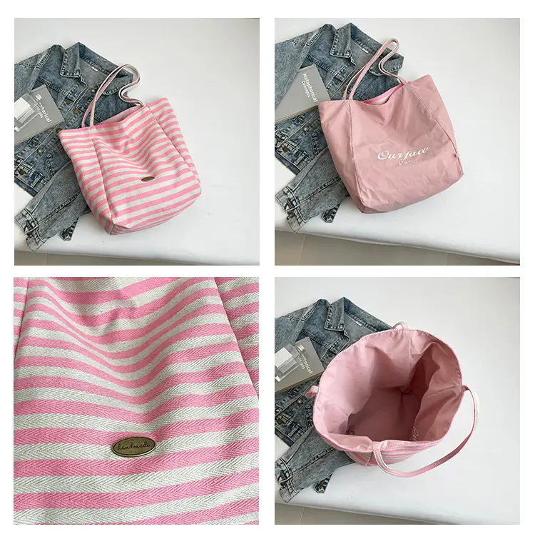 Pink Striped Women's Shoulder Bag with Blue Trim — feature 12