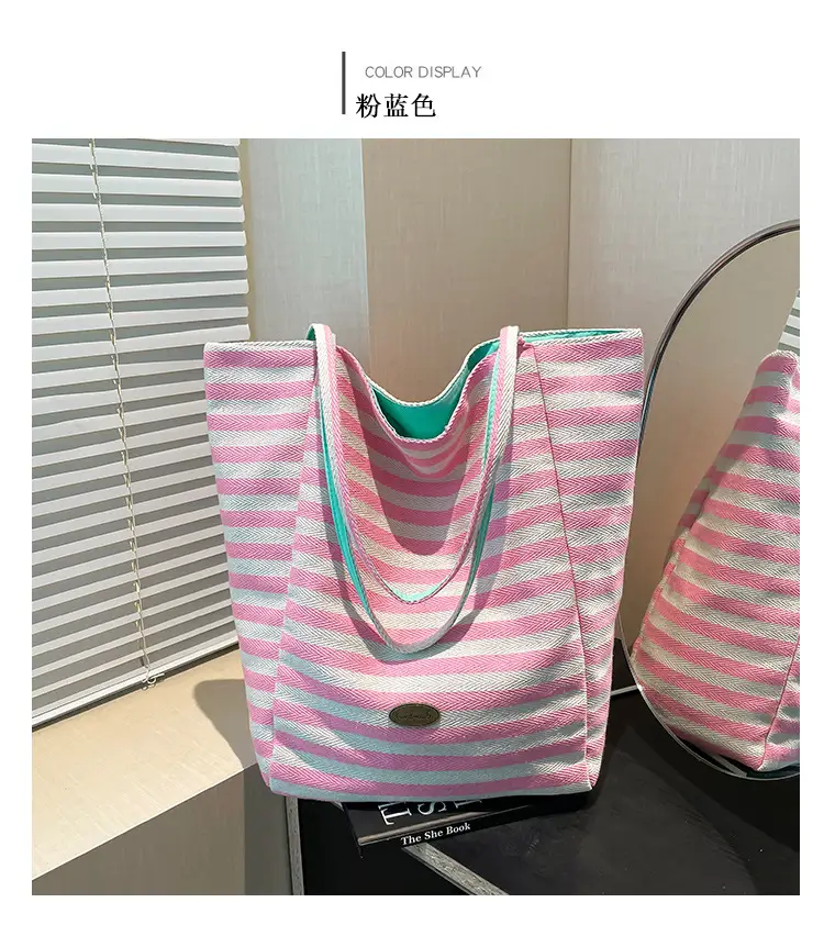 Pink Striped Women's Shoulder Bag with Blue Trim — feature 15