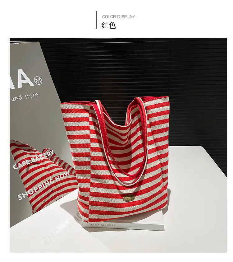 Pink Striped Women's Shoulder Bag with Blue Trim — feature 18