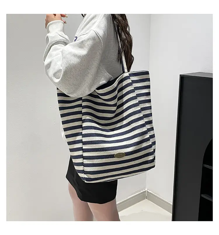 Pink Striped Women's Shoulder Bag with Blue Trim — feature 29