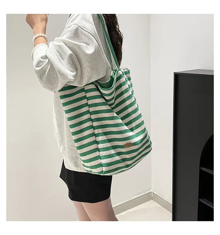 Pink Striped Women's Shoulder Bag with Blue Trim — feature 31