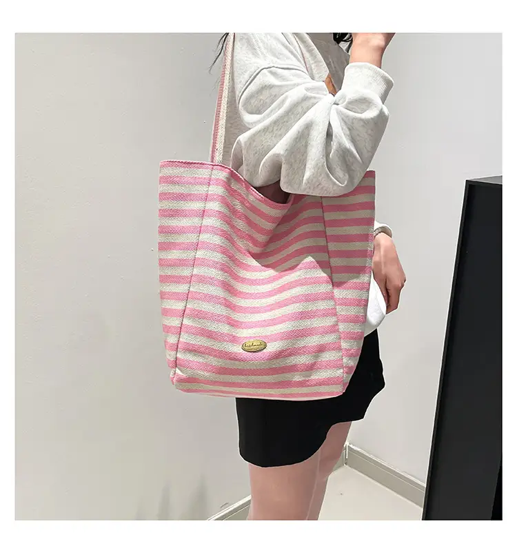 Pink Striped Women's Shoulder Bag with Blue Trim — feature 32