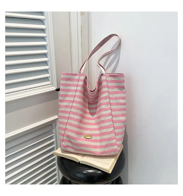 Pink Striped Women's Shoulder Bag with Blue Trim — feature 33