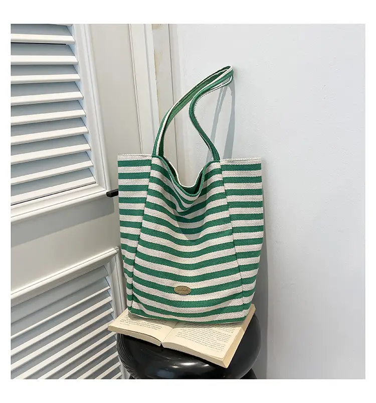 Pink Striped Women's Shoulder Bag with Blue Trim — feature 34
