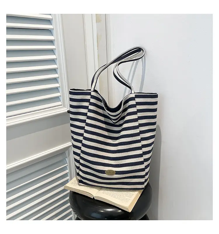 Pink Striped Women's Shoulder Bag with Blue Trim — feature 35