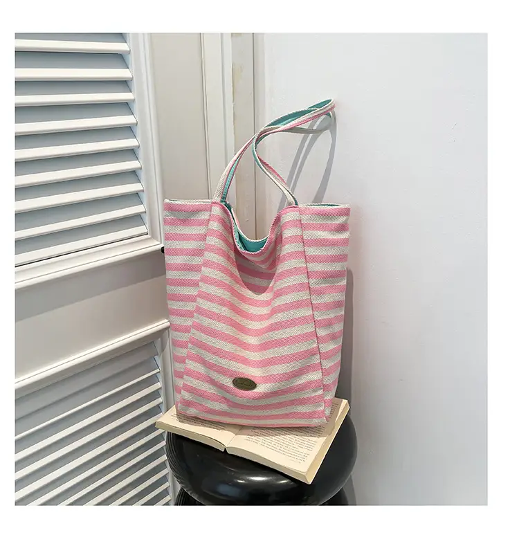 Pink Striped Women's Shoulder Bag with Blue Trim — feature 36