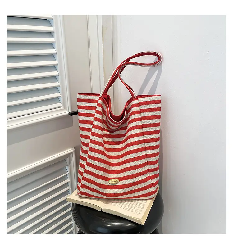 Pink Striped Women's Shoulder Bag with Blue Trim — feature 37