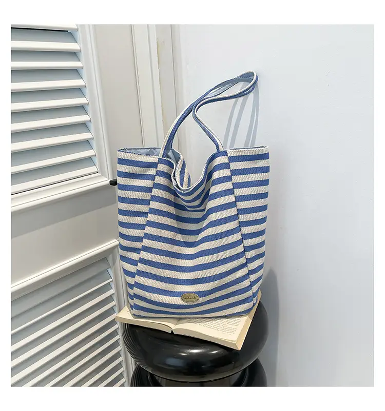 Pink Striped Women's Shoulder Bag with Blue Trim — feature 38