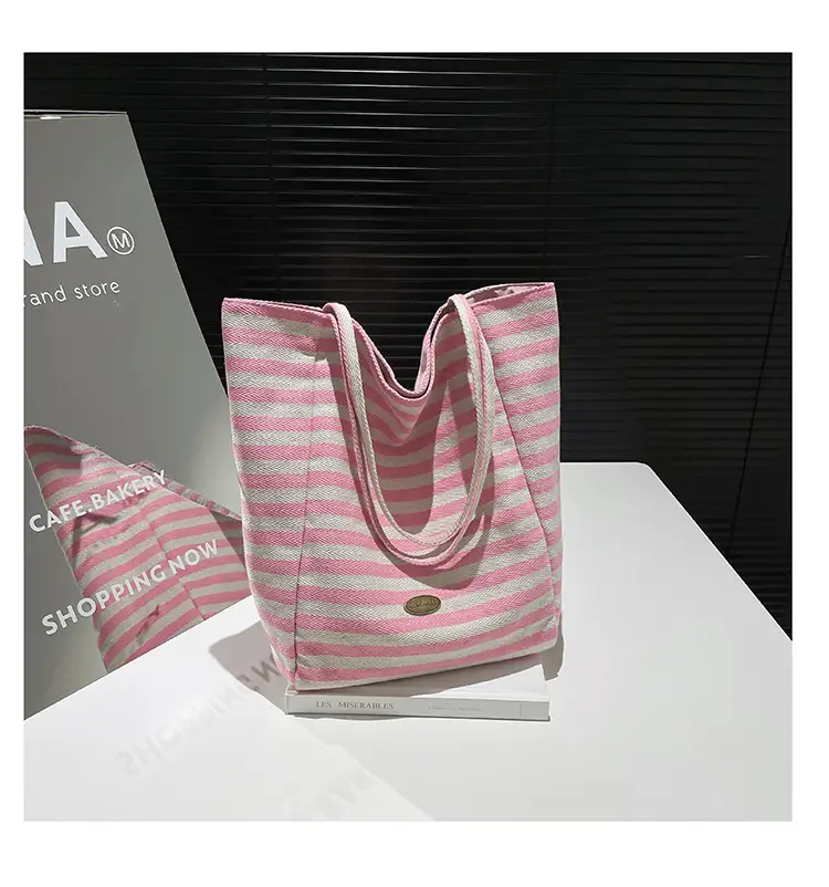 Pink Striped Women's Shoulder Bag with Blue Trim — feature 39