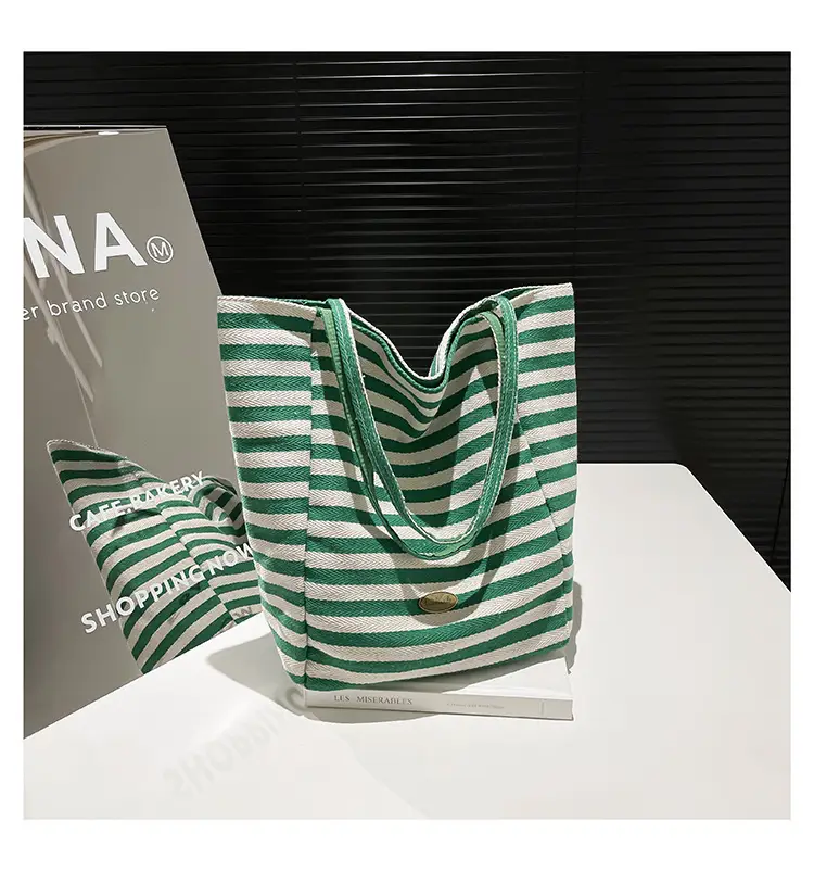 Pink Striped Women's Shoulder Bag with Blue Trim — feature 40