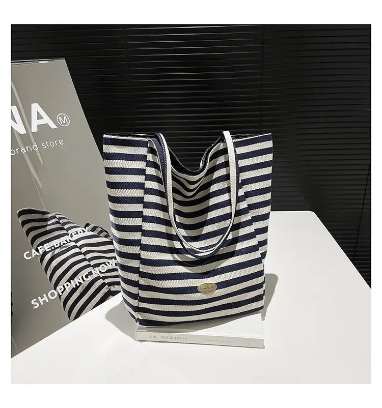 Pink Striped Women's Shoulder Bag with Blue Trim — feature 41