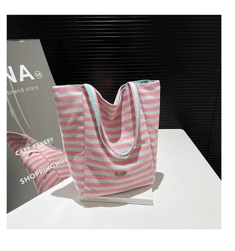 Pink Striped Women's Shoulder Bag with Blue Trim — feature 42