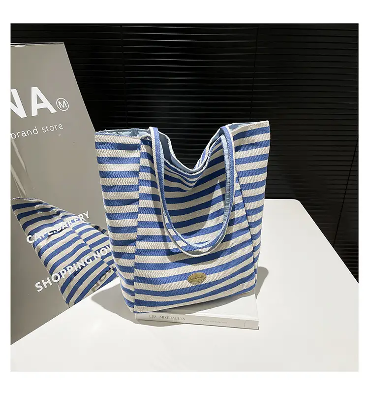 Pink Striped Women's Shoulder Bag with Blue Trim — feature 43