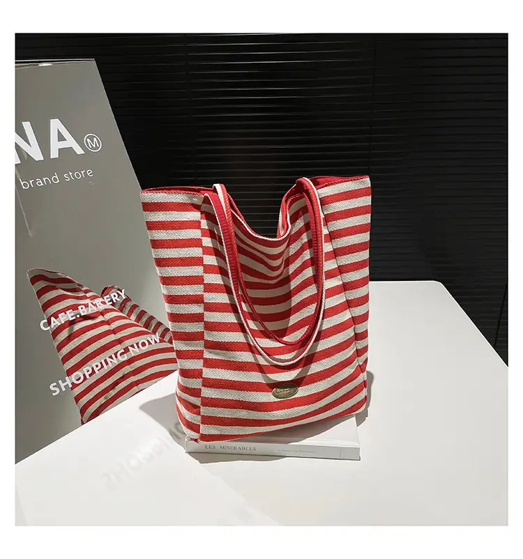 Pink Striped Women's Shoulder Bag with Blue Trim — feature 44