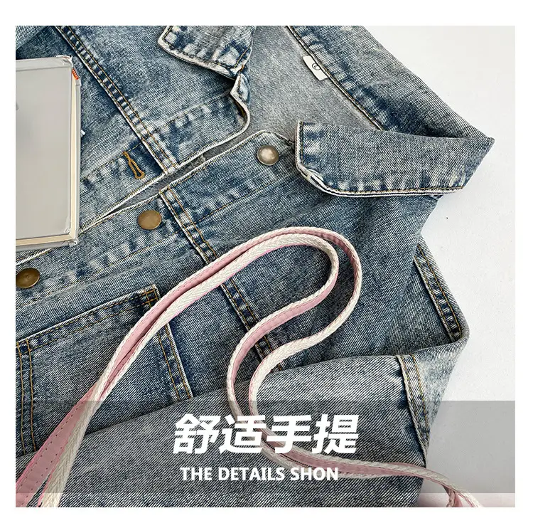 Pink Striped Women's Shoulder Bag with Blue Trim — feature 7