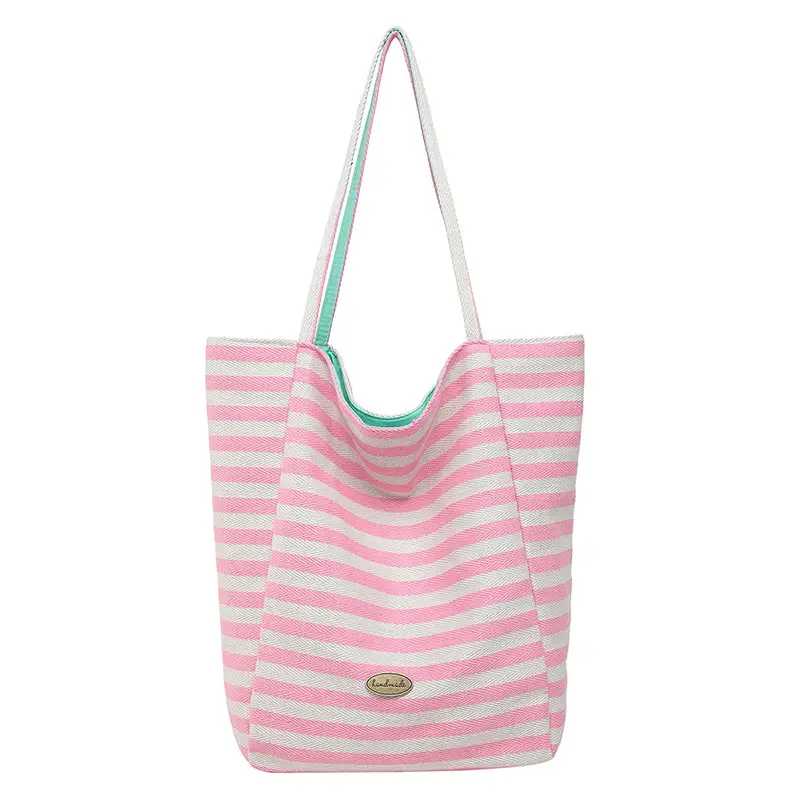 Pink Striped Women's Shoulder Bag with Blue Trim - Image 2