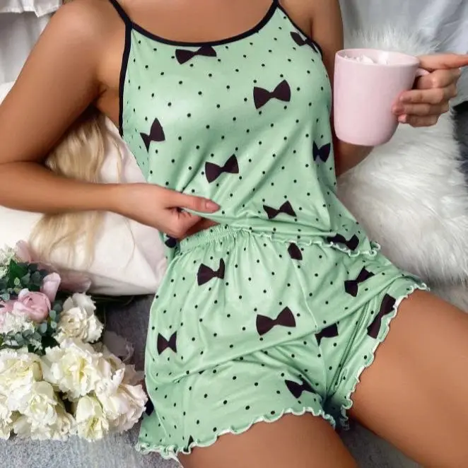 Bowknot Print Pajama Set Women Sleepwear Shorts - Image 4