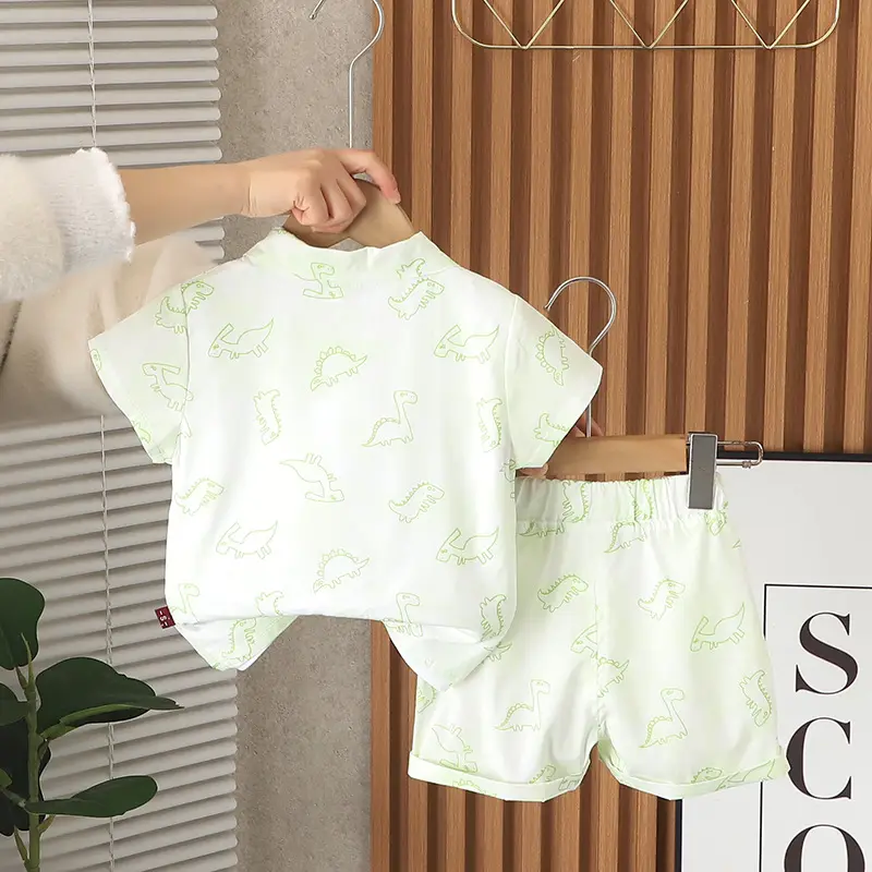 Summer 2025 Kids Cotton T-Shirt Shorts Set Light Green - Image 6