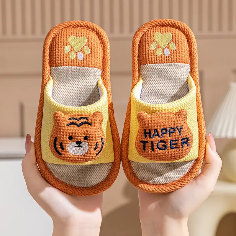 Children's Happy Tiger Linen Slippers Yellow Orange