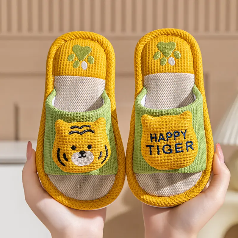 Children's Happy Tiger Linen Slippers Yellow Orange