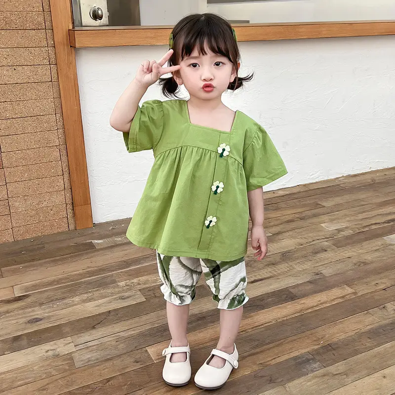 2025 Cotton Cartoon Kids Suit Green Pink Yellow 1-5Y - Image 3
